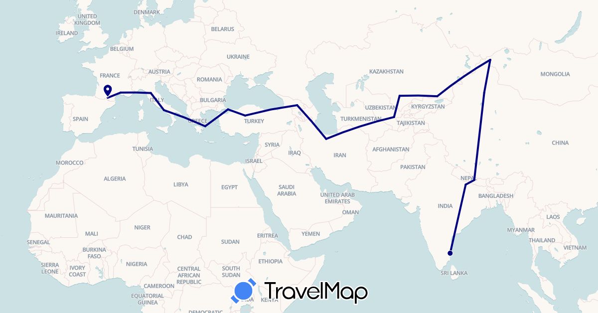 TravelMap itinerary: driving in China, France, Georgia, Greece, India, Iran, Italy, Kazakhstan, Mongolia, Nepal, Turkey, Uzbekistan (Asia, Europe)